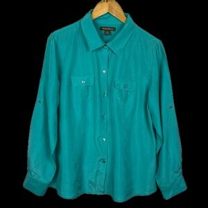 Tommy Bahama  Women Long Sleeve Silk Button Shirt Sz L Classic Luxe Office Flaw